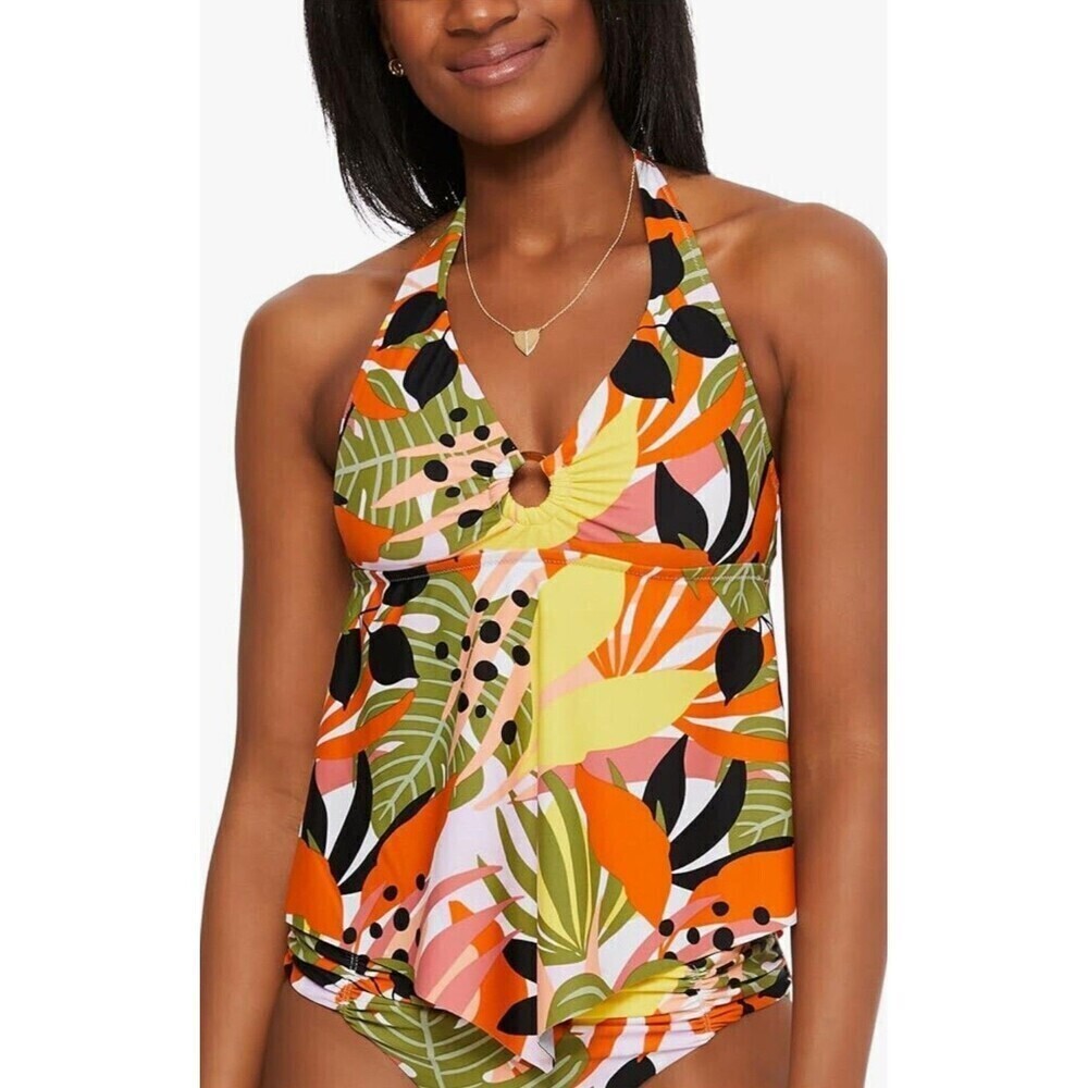 New Bar III Womens Sz S Green Ring Floral Tie Halter Tankini Swimsuit Top 1038H3